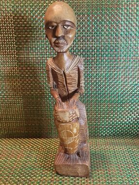 Hand-Carved Brown Wooden Drummer Sculpture - Home Art